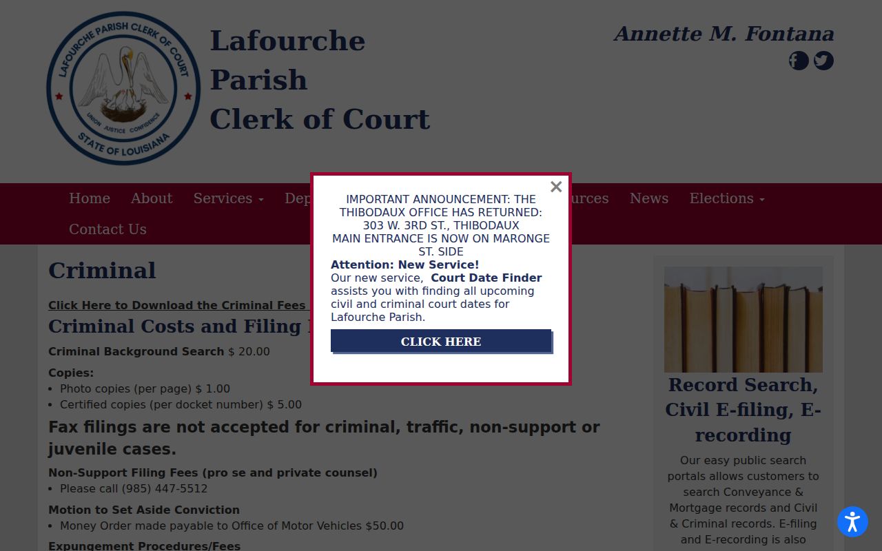 Lafourche Parish criminal record expungement forms and fees