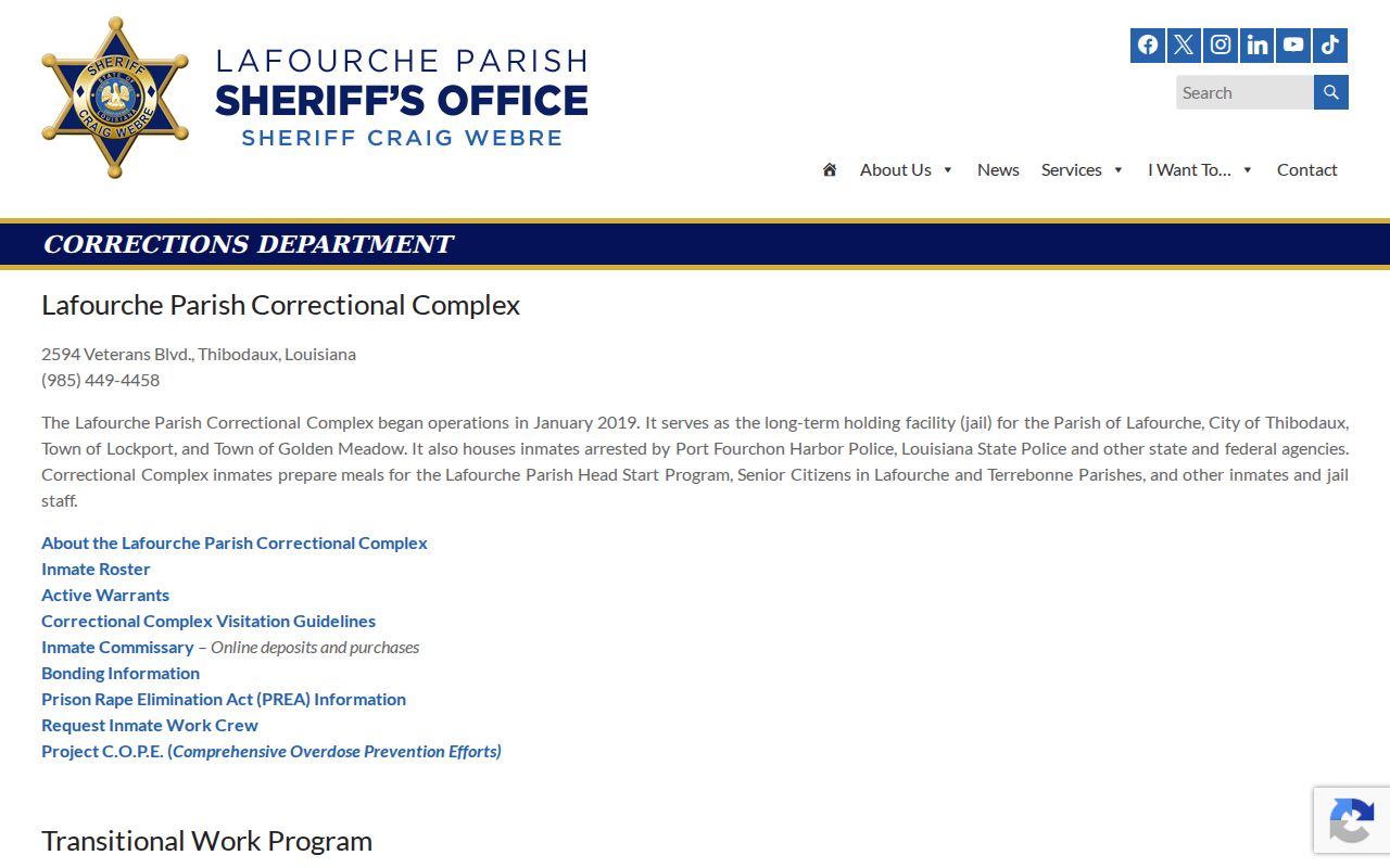 Lafourche Parish Correctional Complex corrections information