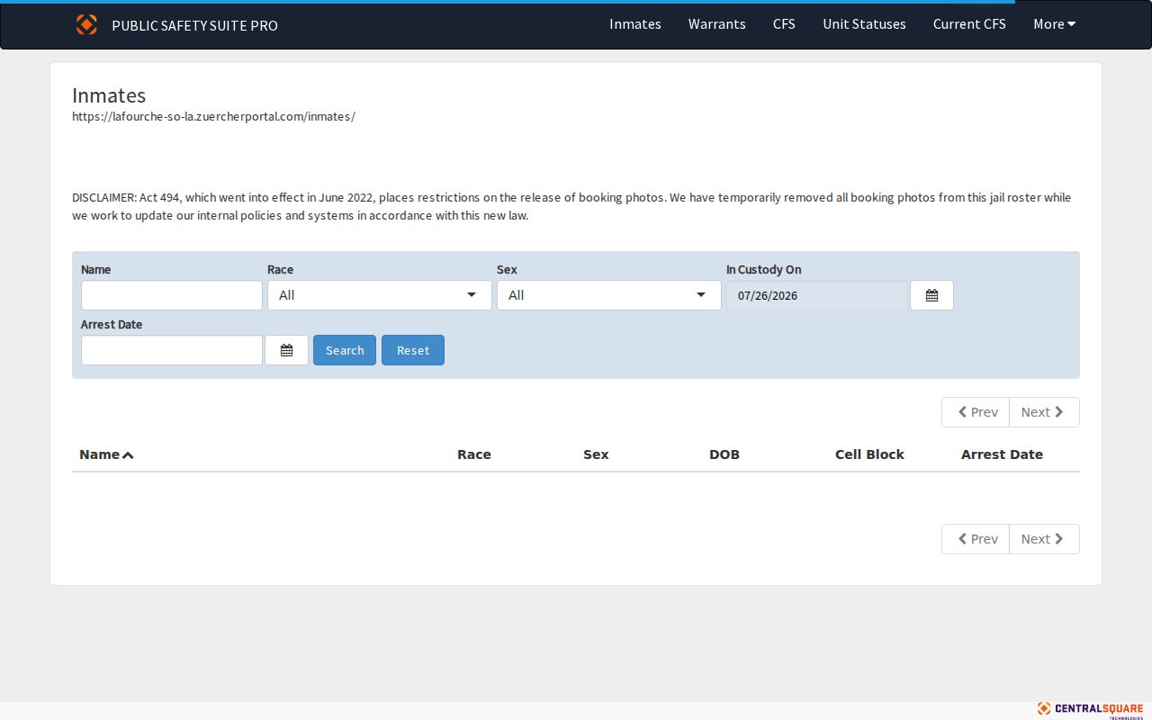 Lafourche Parish Sheriff Zuercher current inmate portal