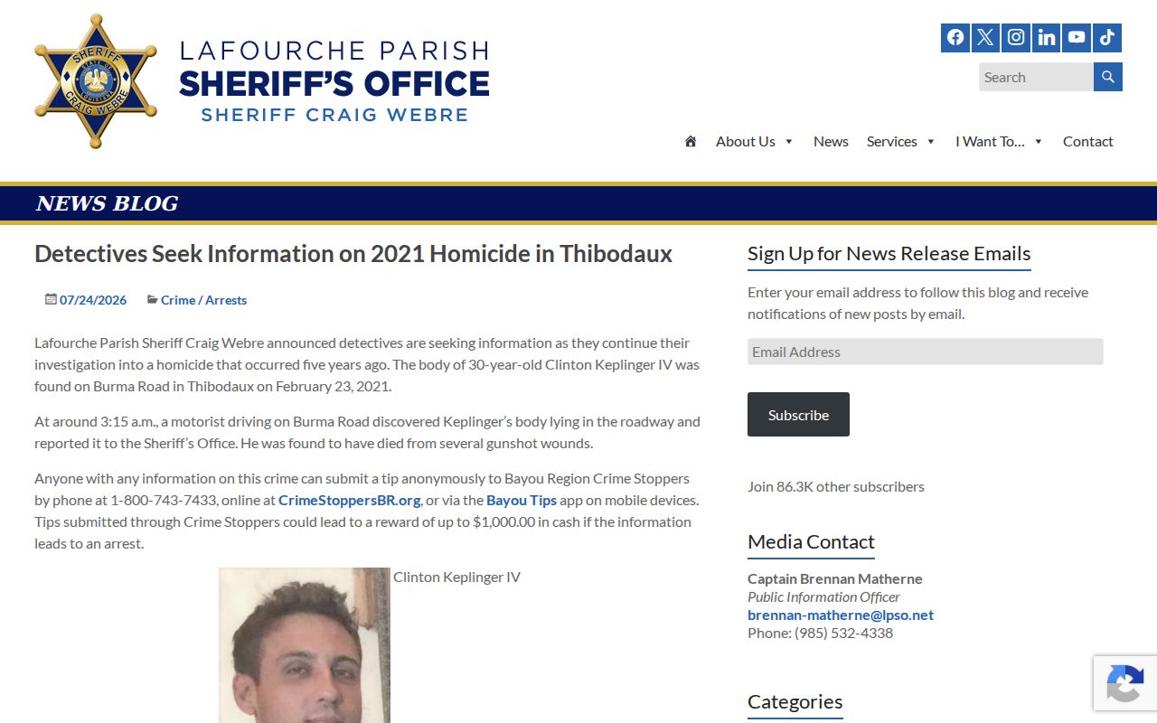 Lafourche Parish Sheriff official crime and arrest news stream