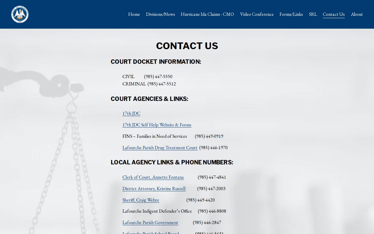Lafourche Parish criminal court division contacts for the Seventeenth JDC