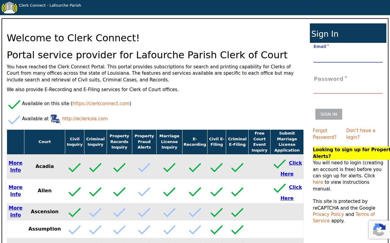 Lafourche Parish criminal court inquiry portal in Clerk Connect