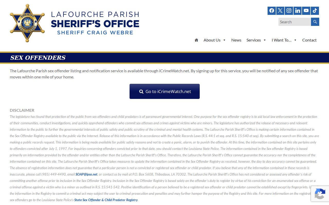 Lafourche Parish iCrimeWatch registry and one-mile notification signup