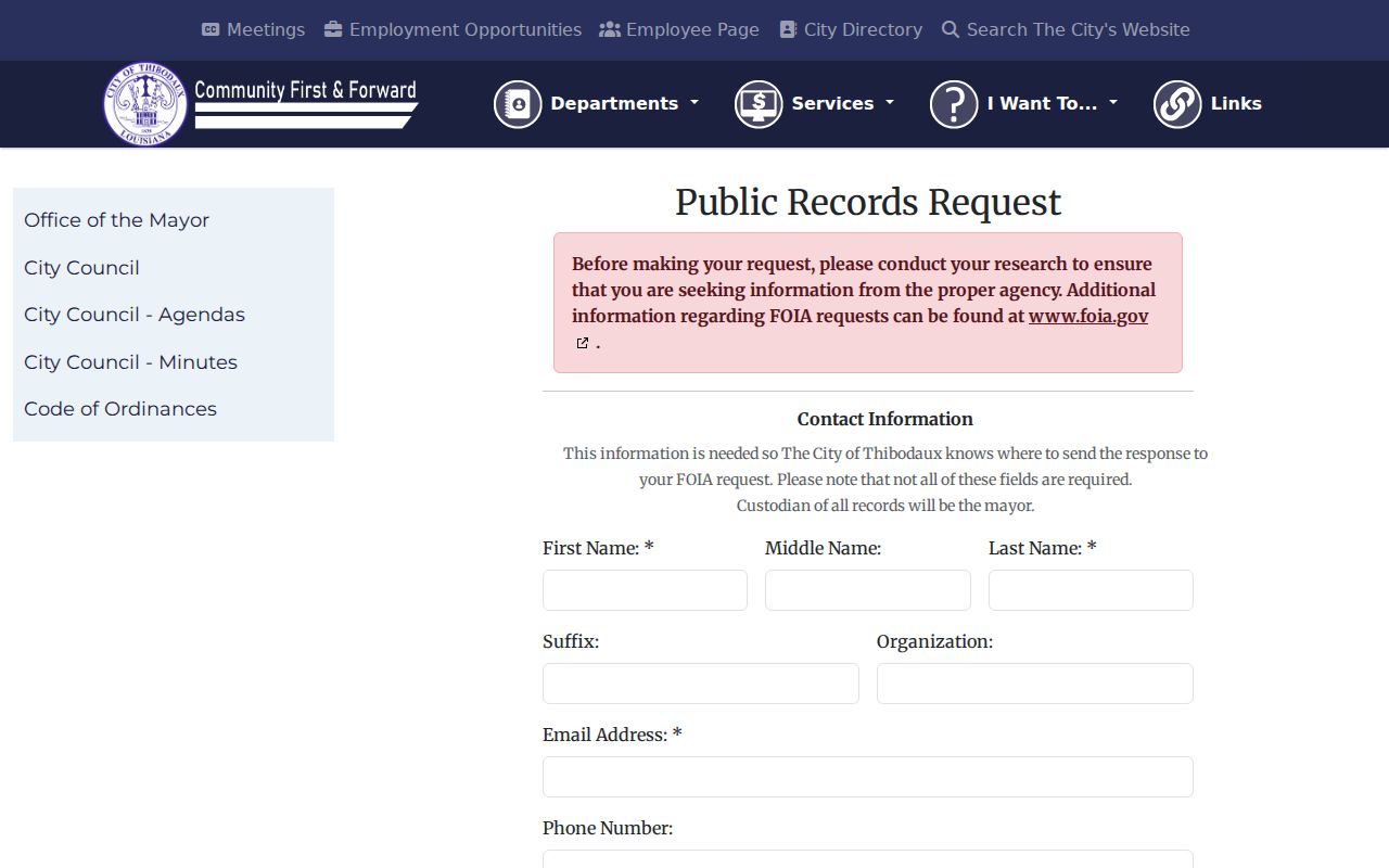 City of Thibodaux public records request page